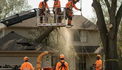 Cleveland, OH arborists removing a storm-damaged tree for emergency tree service