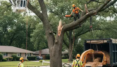 Cleveland, OH arborist removing storm-damaged tree during emergency tree service call