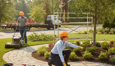 Cleveland, OH tree service crew providing landscaping and outdoor property care for a local home
