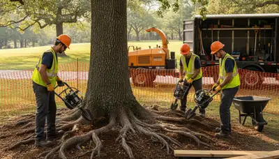 Cleveland, OH tree service crew protecting roots for tree stability and long-term health