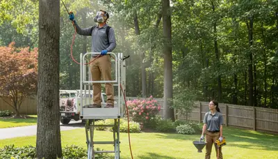 Professional tree service crew providing tick control in Cleveland, OH residential yard