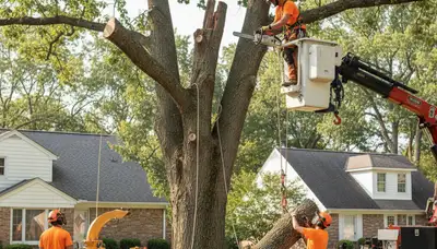Cleveland, OH tree removal crew safely removing a hazardous tree from a residential property